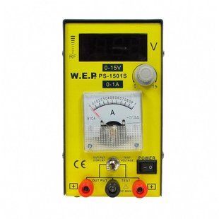 Блок живлення лабораторний WEP PS-1501S компактний, 15V цифрова індикація, 1A стрілочна індикація, RF-індикатор, тестер 187634 фото