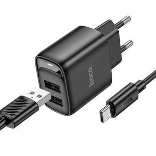 Зарядное устройство Hoco C141A Smart 2 USB 5V/2.1A с кабелем Type C (черный) 194291 фото